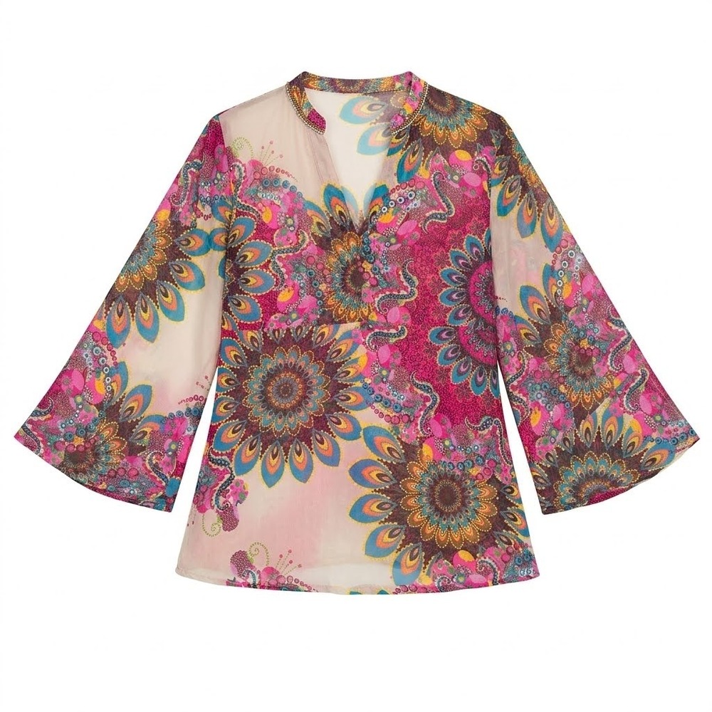 California Breeze Tunic Top‎ Womens L Pink Mandala Sheer Embellished India
